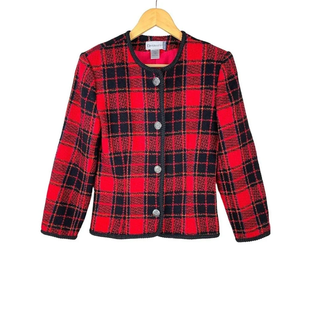 Vintage Tartan Plaid Lady Jacket Women Size 2P* Wool Blend Soutache Trim USA - Picture 1 of 11